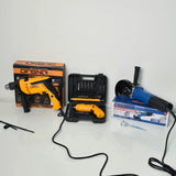 Electric impact drill with box, yellow cordless screwdriver kit, and blue angle grinder with box on white surface
