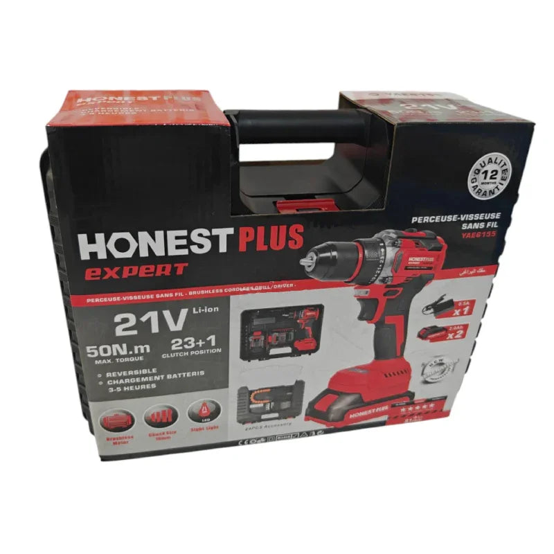 HONEST PLUS Expert 21V cordless brushless drill driver with 50N.m torque, 23+1 clutch, battery charger kit