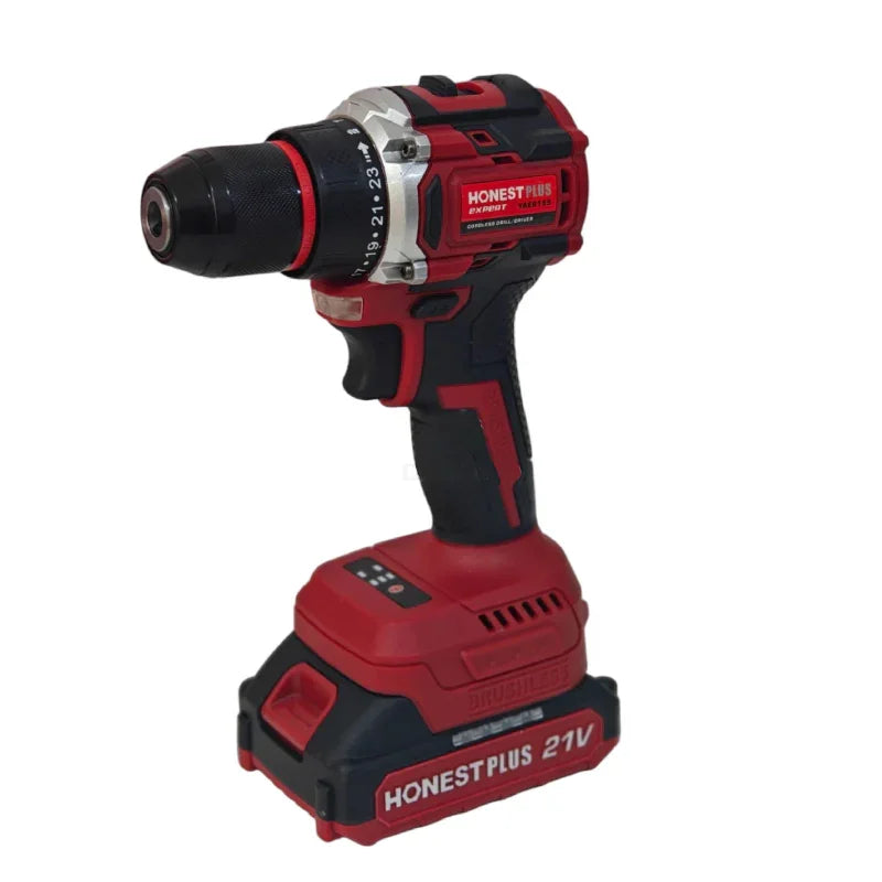 HONESTPLUS 21V cordless drill driver with red and black ergonomic design and adjustable torque settings