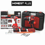 Honest Plus 21V cordless drill kit with two batteries, drill bits, flexible extension, and carrying case