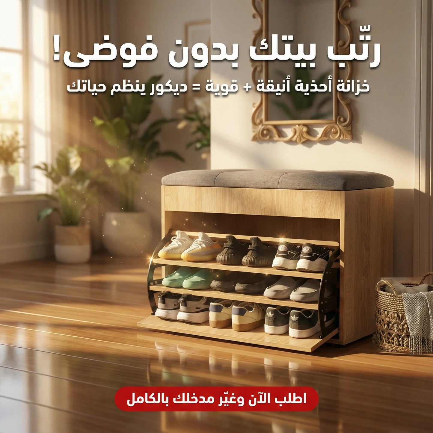 TEROX wooden shoe storage bench with cushioned seat in stylish, organized room interior